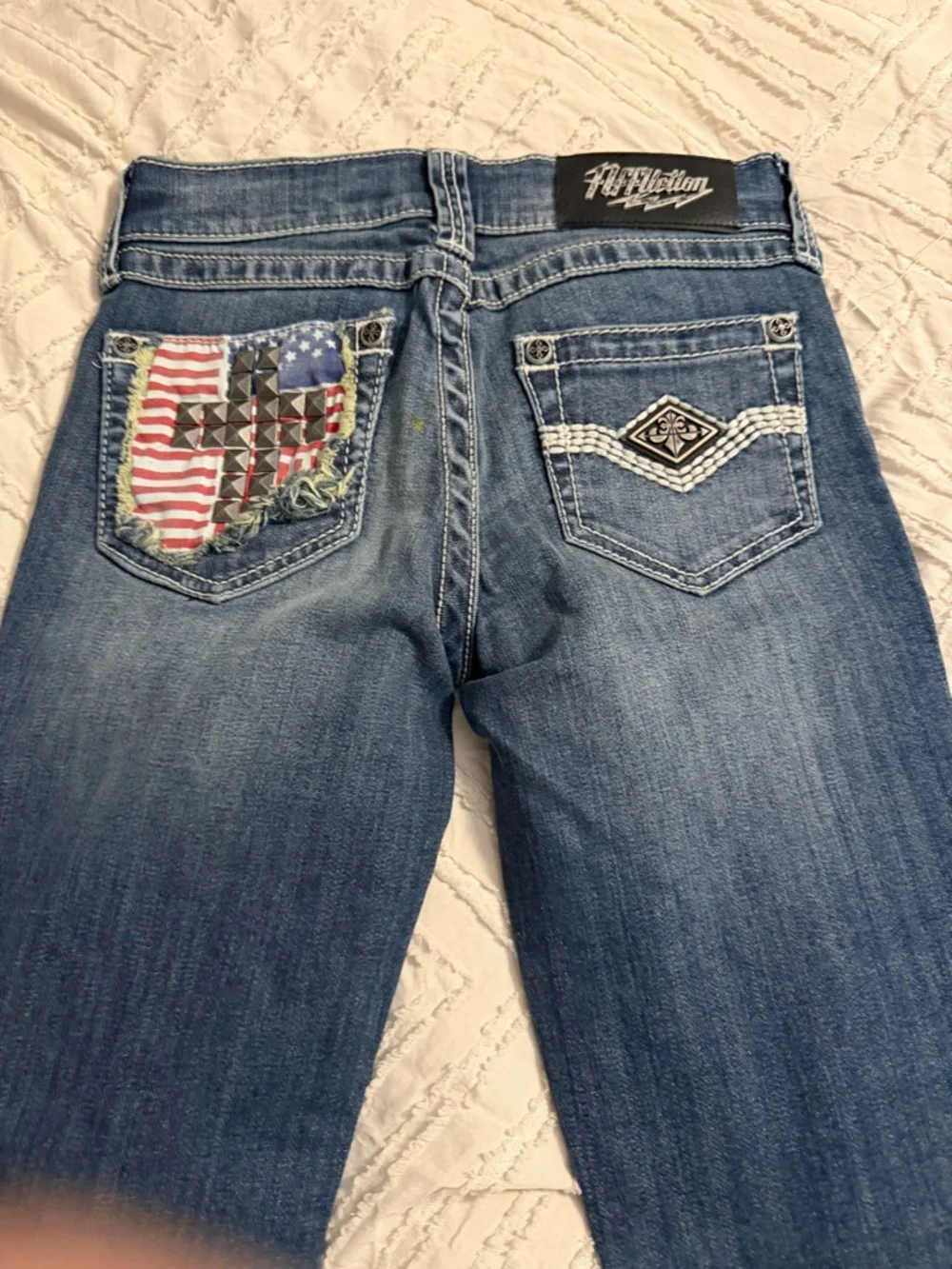 Affliction Women's Blue Distressed Flag-Panel Straight Leg Jeans - Picture 3 of 4